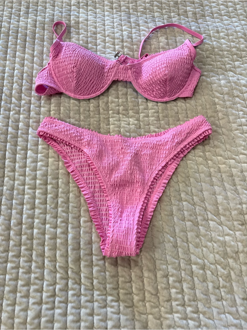 Bright Pink Smocked Bikini Top with Adjustable Straps